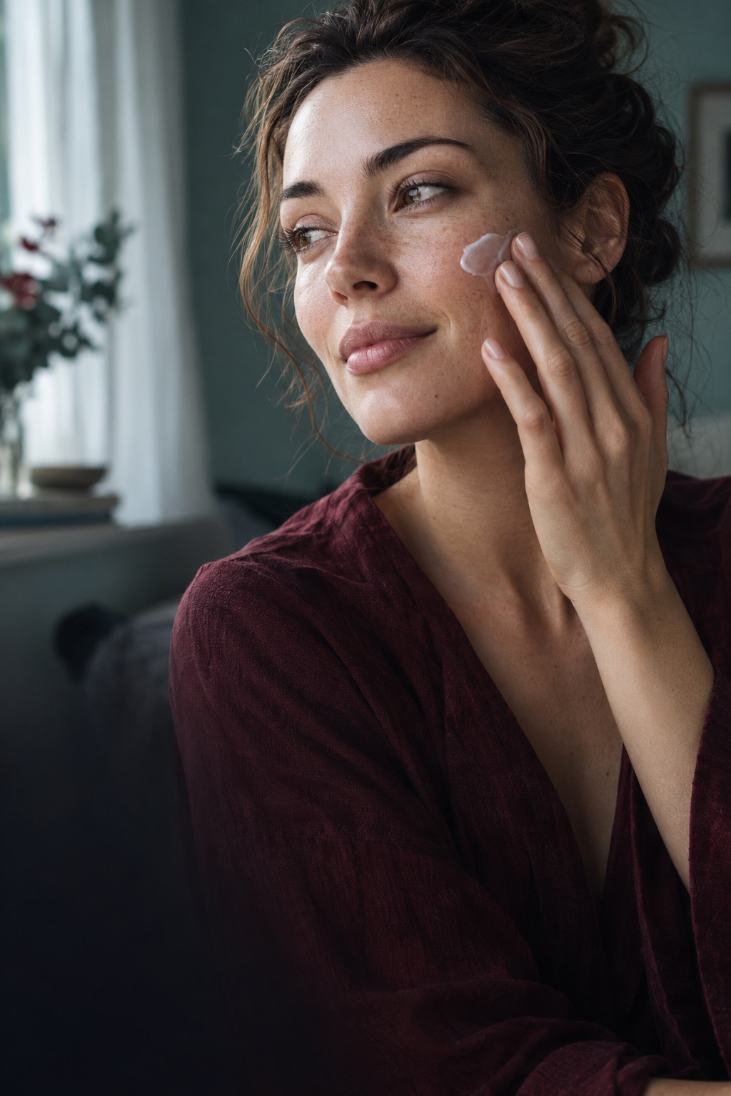 Woman applying moisturizer in soft window light