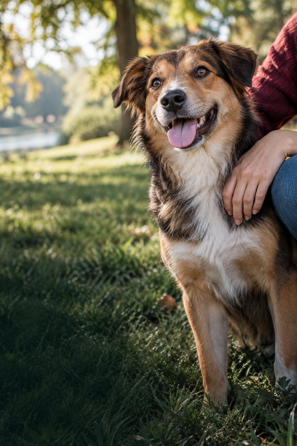 Happy dog relaxing with its owner in a sunny park