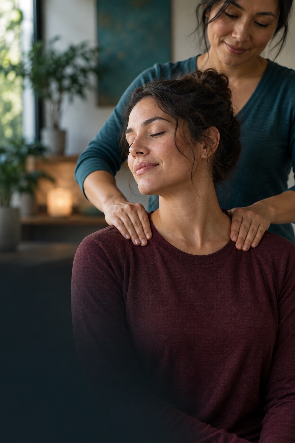 Relaxing shoulder massage in a calm wellness studio