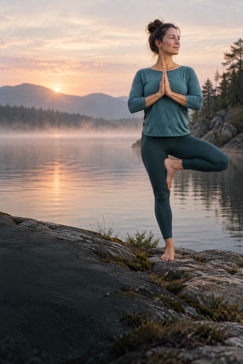 Woman practicing yoga by a quiet lake at sunrise