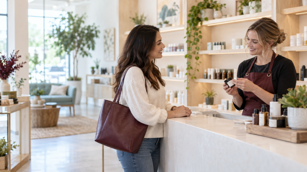 Friendly consultation inside a modern CBD store in Frisco