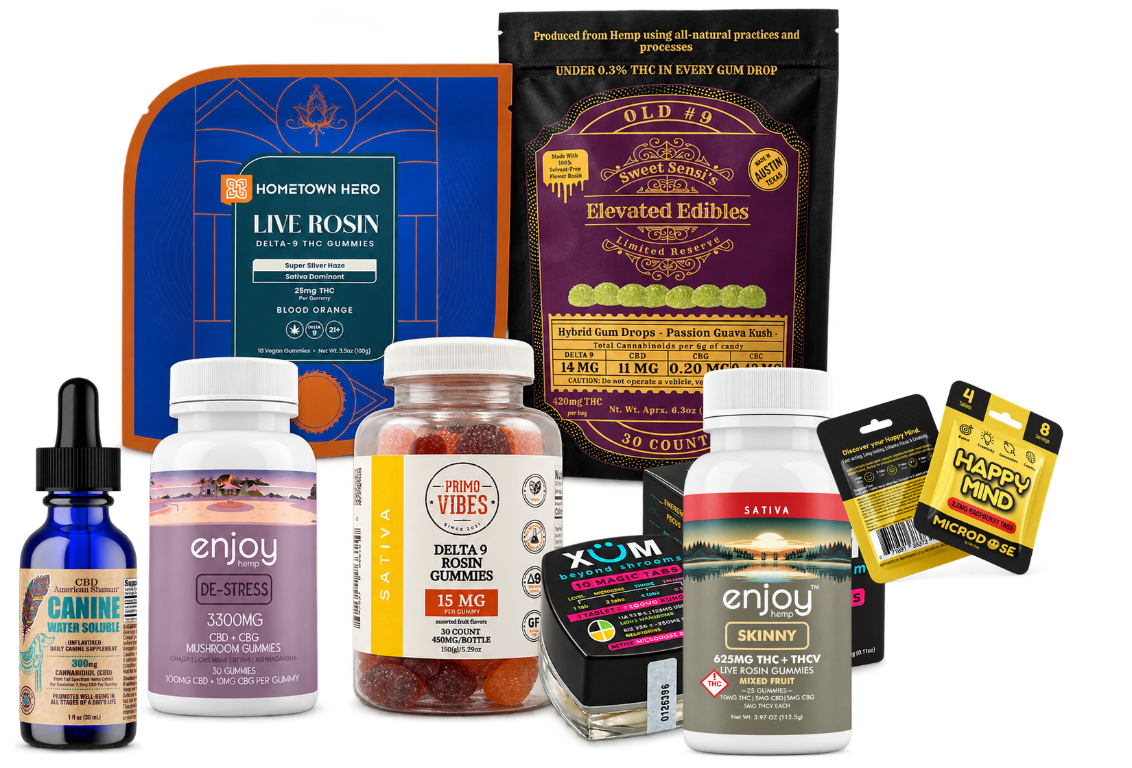 Featured products from CBD American Shaman, Enjoy, Primo Vibes, Sweet Sensi, Hometown Hero, XUM, and Happy Mind