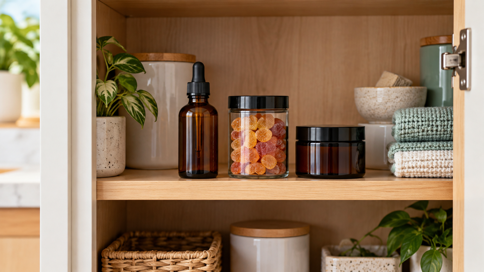 CBD and hemp products stored in a cool, organized cabinet