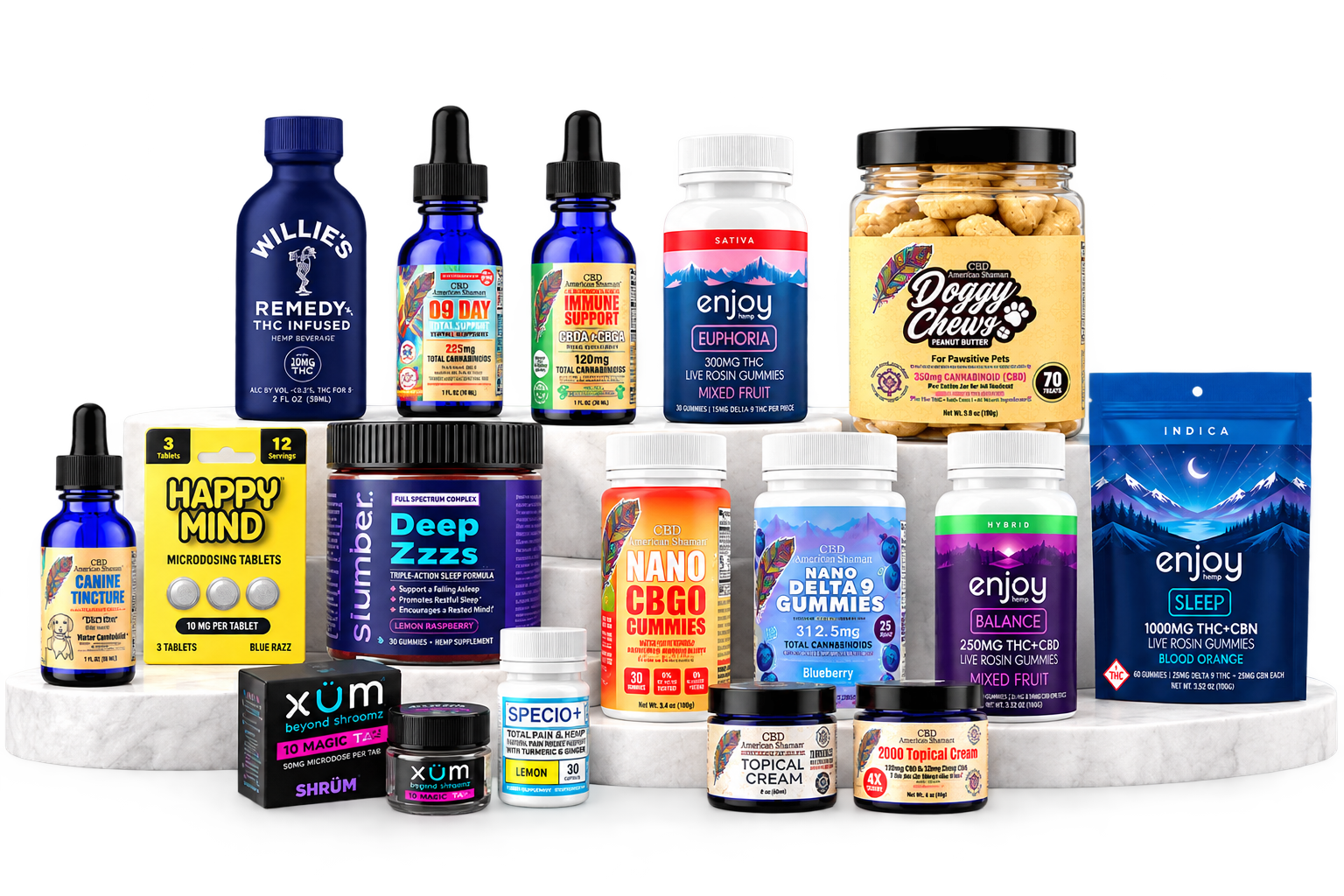 Assorted CBD and hemp products available at CBD American Shaman of Frisco